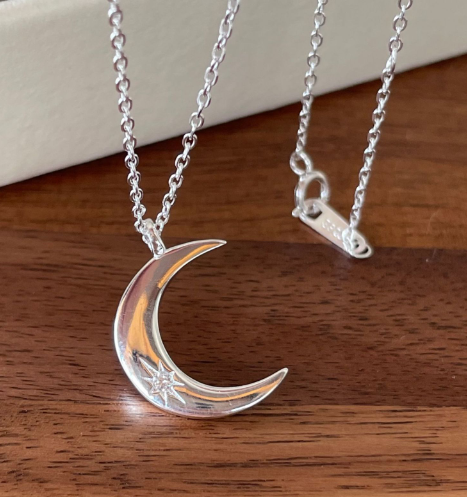 Crescent Moon Necklace with Zirconia and 14k Gold
