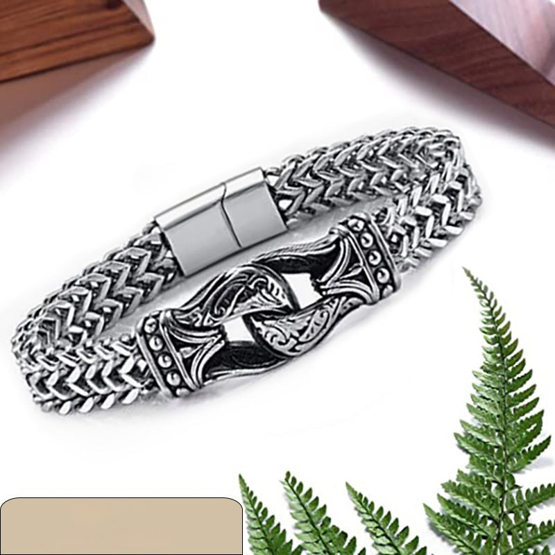 Titanium Steel Carved Men's Thick Double Row Bracelet