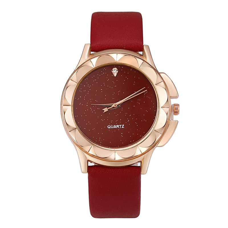 Starry Sky Quartz Watch with Diamond Accents and Leather Band