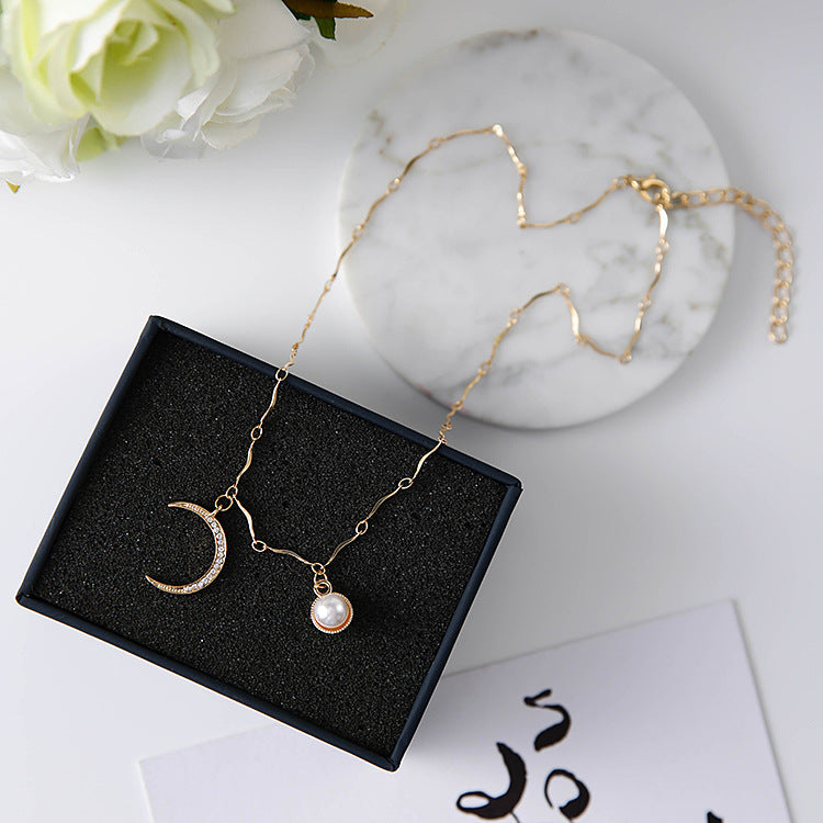 Crescent Moon Necklace with Pearl Choker Design