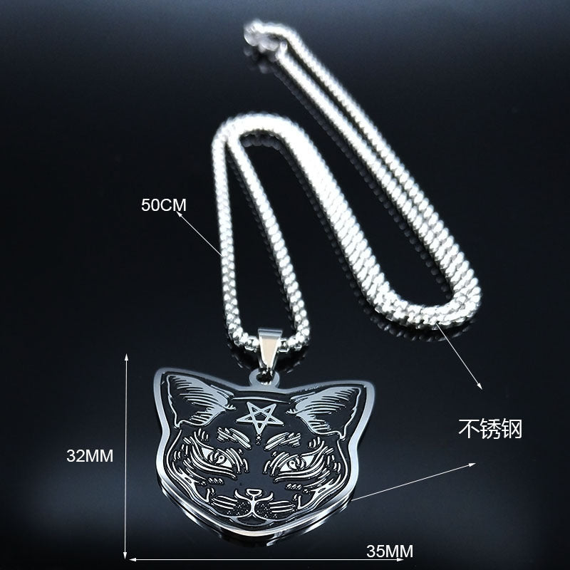 Cross-Border Fashion Pentagram Cat Stainless Steel Necklace