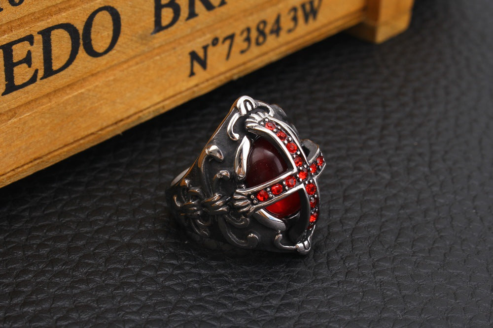 Gothic Style Men's Cross Ring with Red Gemstone