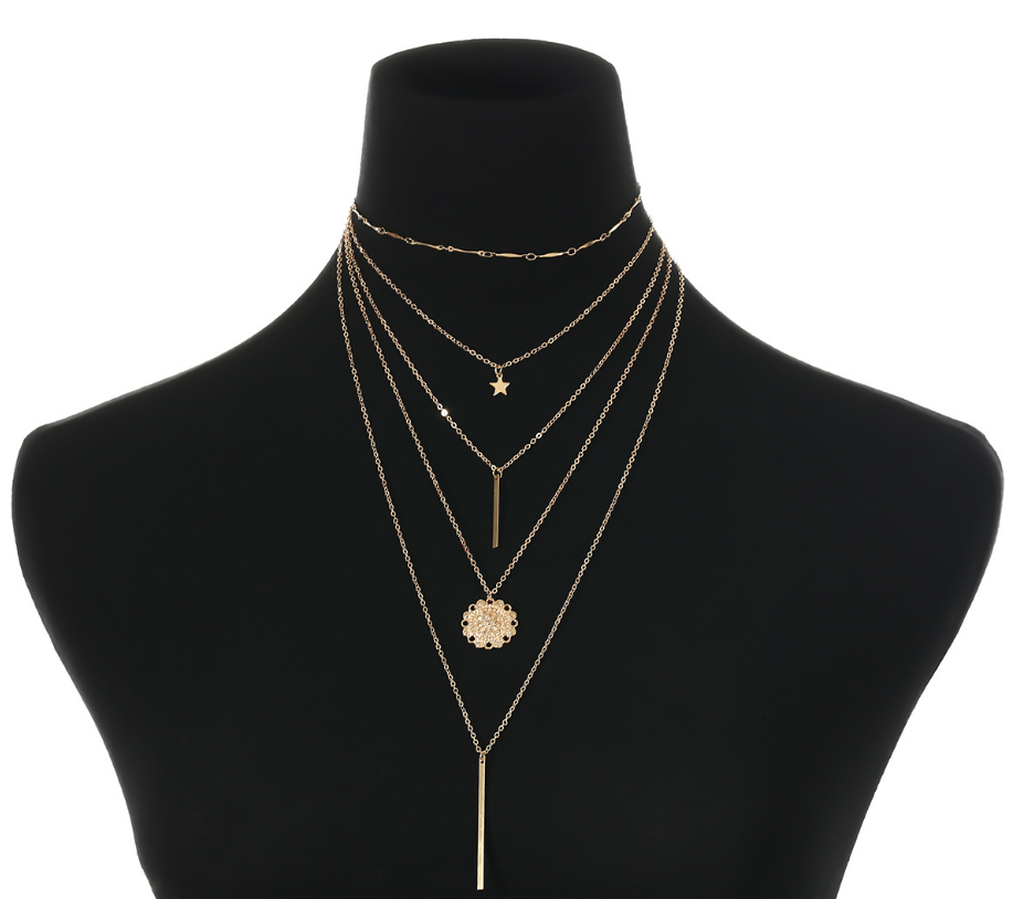 Vintage Multi-Element Layered Necklace Set with Sunflower