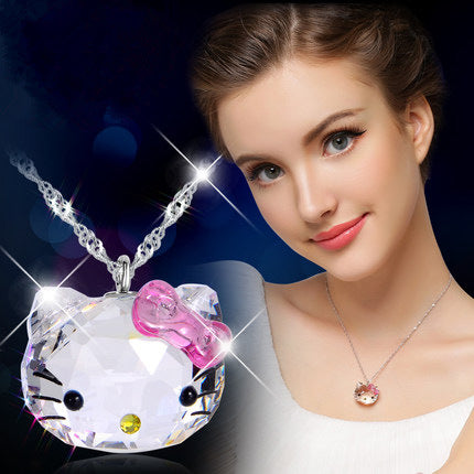Kitty Cat Necklace with S925 Silver and Crystal Pendant