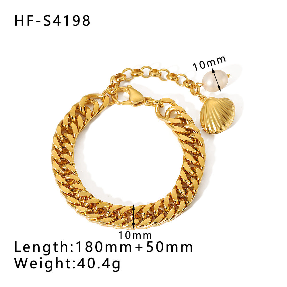 Gold Plated Shell OT Buckle Cross Bracelet Cuban Chain