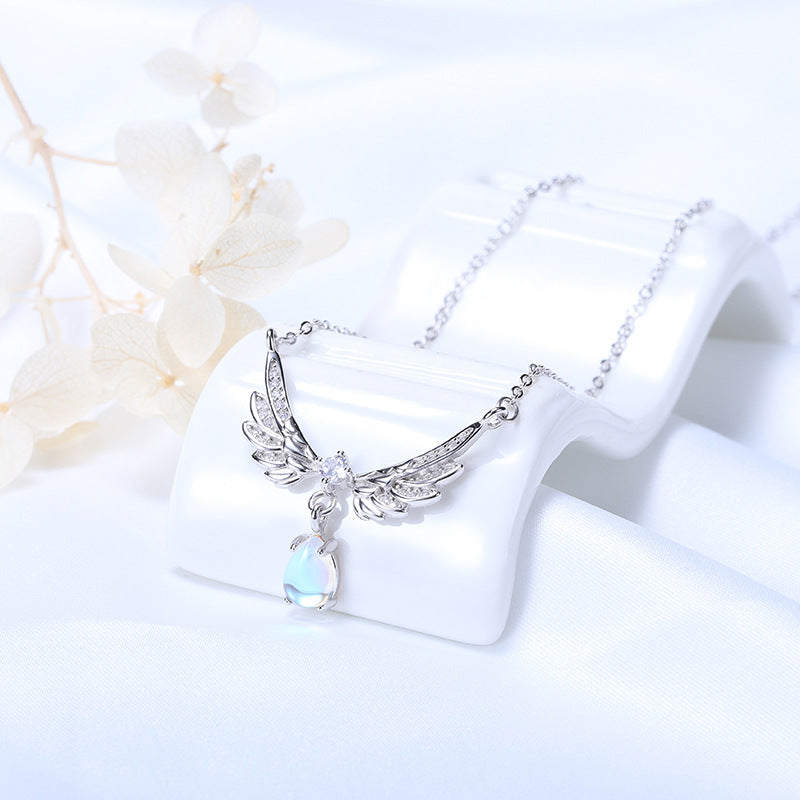 S925 Silver Angel Wing Necklace with Moonstone