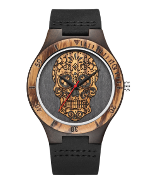 Skull Wooden Watch with Genuine Leather Strap