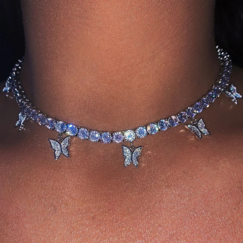 Hip Hop Rhinestone Butterfly Pendant Necklace for Women