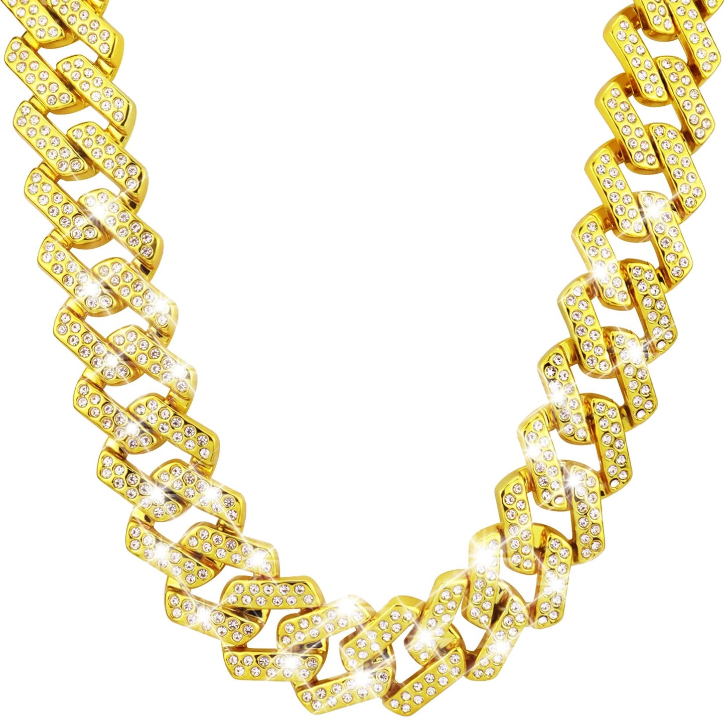Riuziyi Plastic Shiny CZ Rhinestone Curb Cuban Link Chain Gold Silver Miami Hip Hop Chain Bling Diamond-Cut Chunky Turnover Necklace 80s 90s Costume Accessory for Men Women Unisex (Square-Gold)