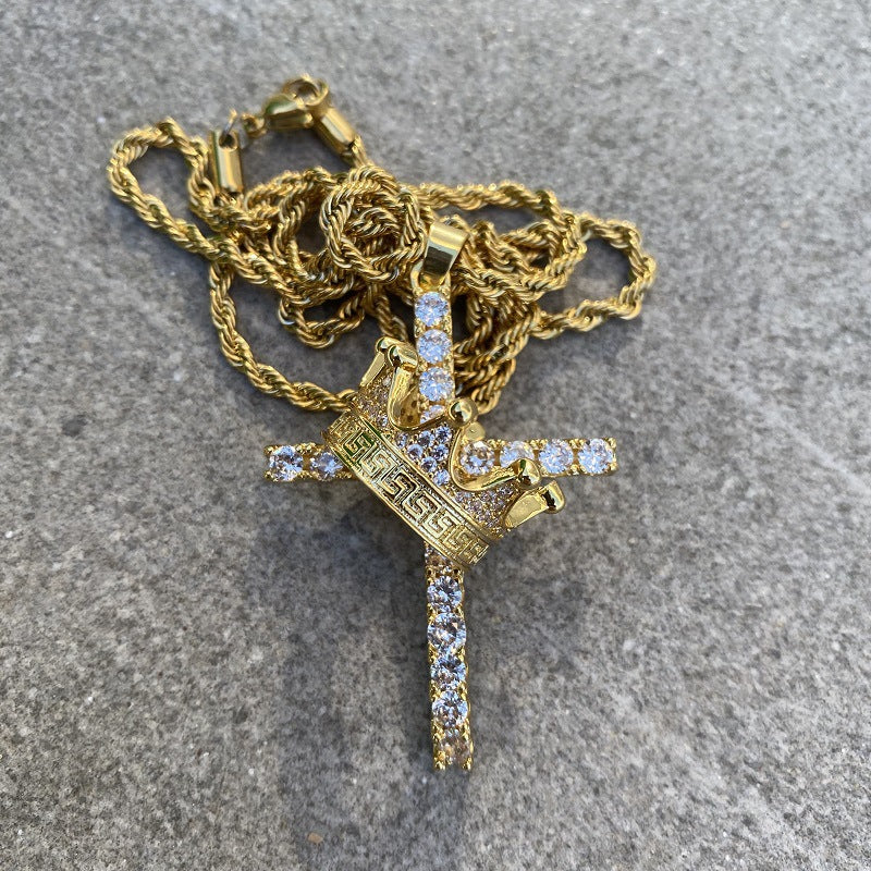 Hip Hop Crown Zircon Cross Pendant Necklace (Unisex)