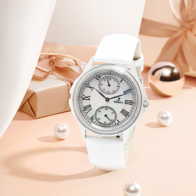 Stylish Women's Stainless Steel Quartz Watch with Leather Band