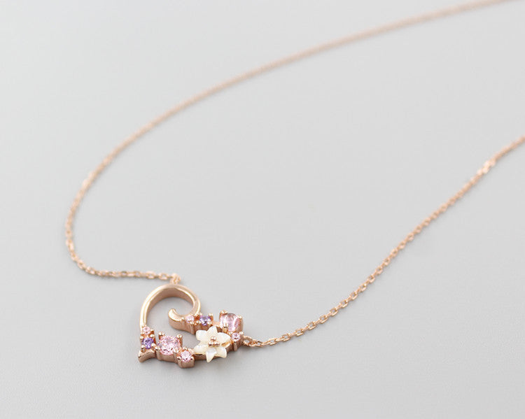 Japanese Style S925 Silver Shell Zircon Heart Necklace