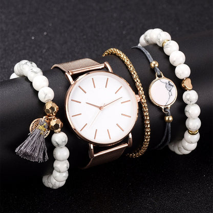 Casual Ladies Watch with Alloy Strap and Bracelet Combo