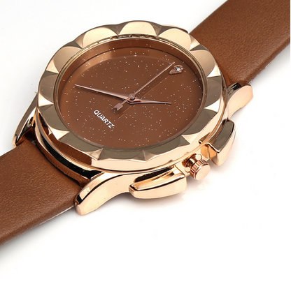 Starry Sky Quartz Watch with Diamond Accents and Leather Band