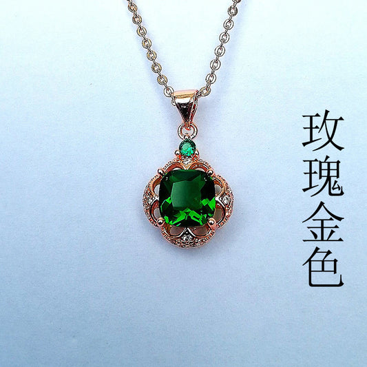 Square Emerald Pendant with Zirconia Crystal Necklace
