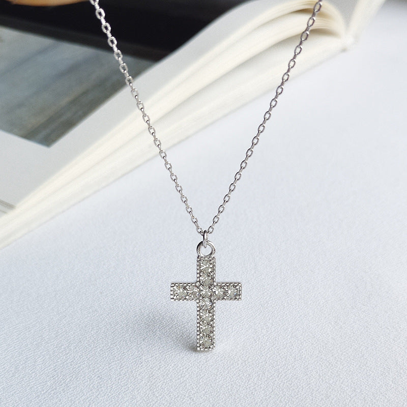 S925 Silver Cross Pendant Necklace with Diamonds