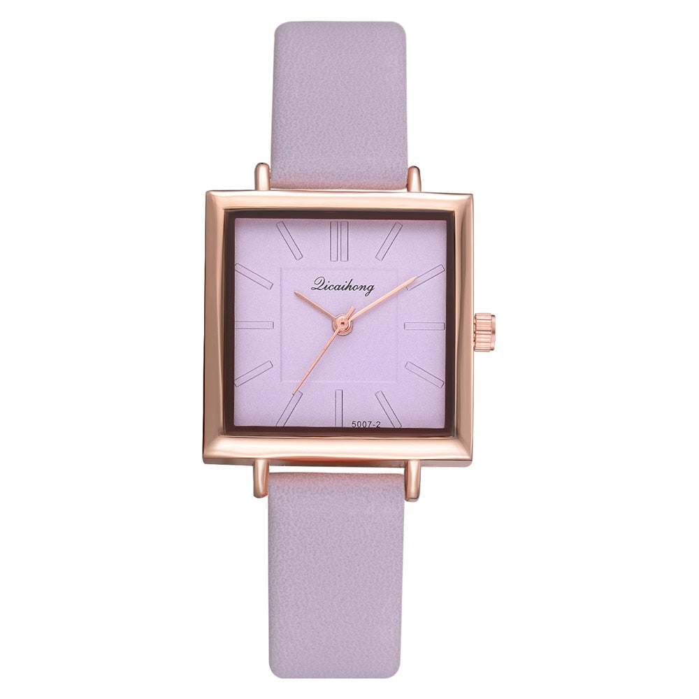 Fashionable Women's Square Watch with Leather Strap