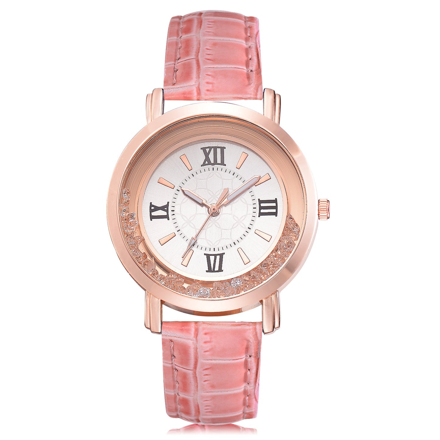 Women's Quartz Watch with Rhinestones and Leather Band