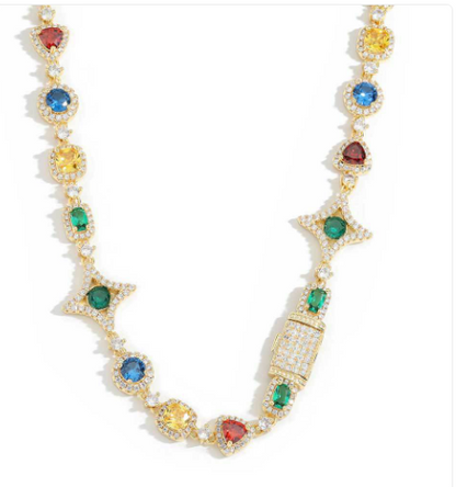 Hip Hop Color Gemstone Chain Necklace & Bracelet