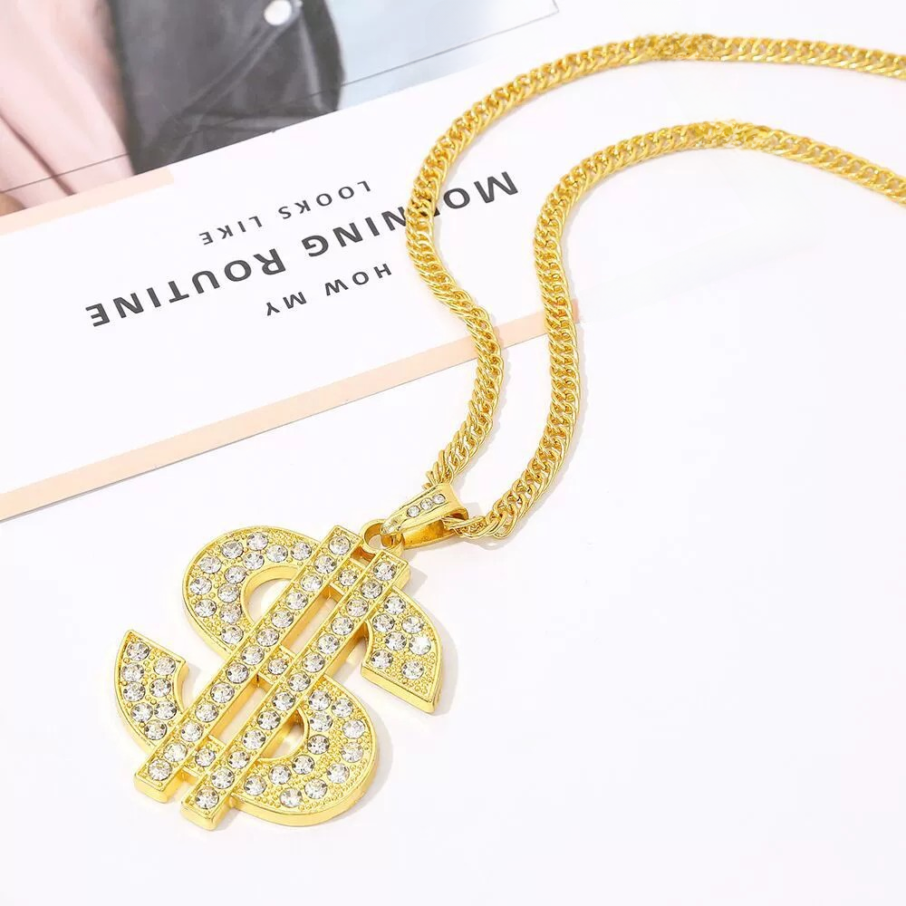 Retro Hip Hop Dollar Sign Necklace with Diamond Pendant
