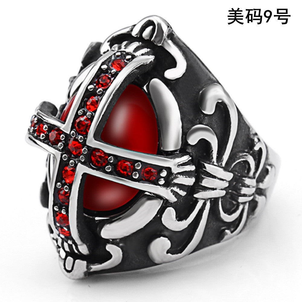 Gothic Style Men's Cross Ring with Red Gemstone