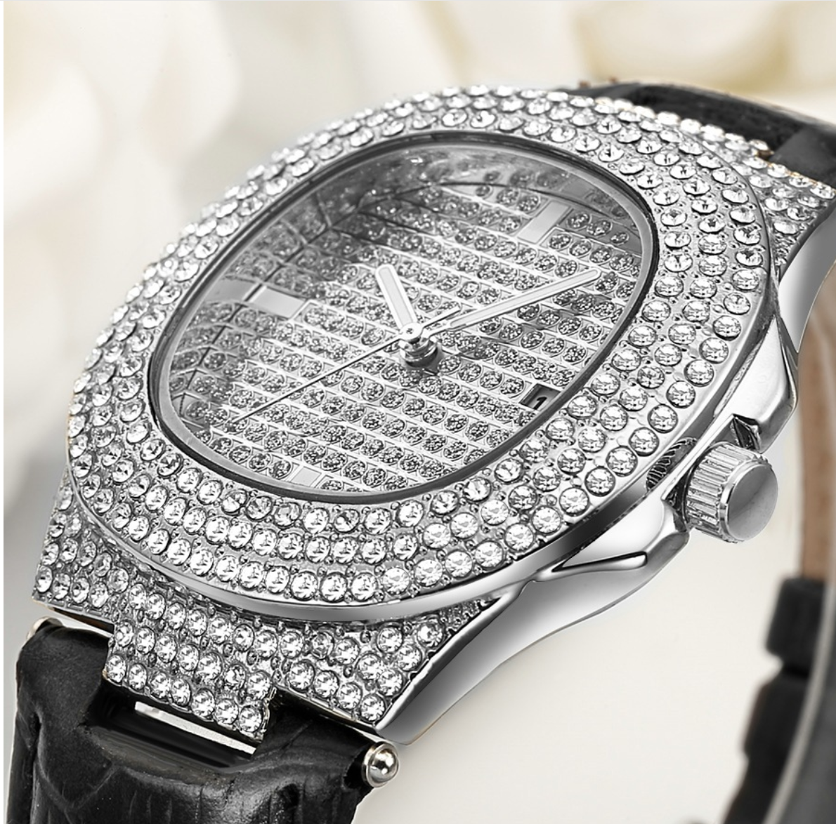 Women's Leather Strap Watch with Diamonds, Fashionable Design
