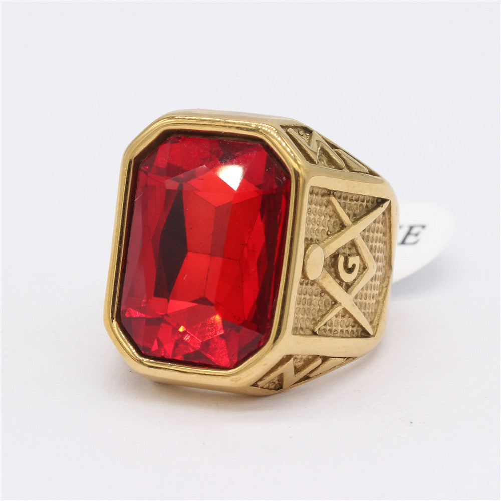 Retro Masonic Gem Titanium Steel Men's Ring