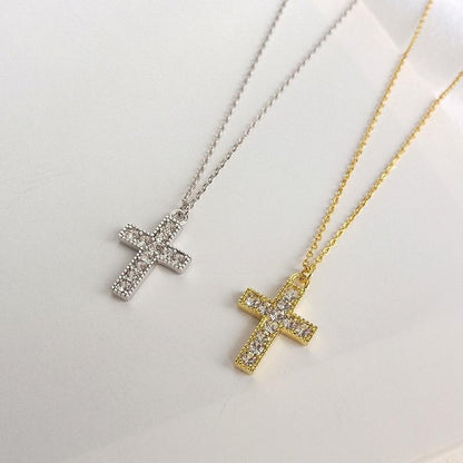 S925 Silver Cross Pendant Necklace with Diamonds