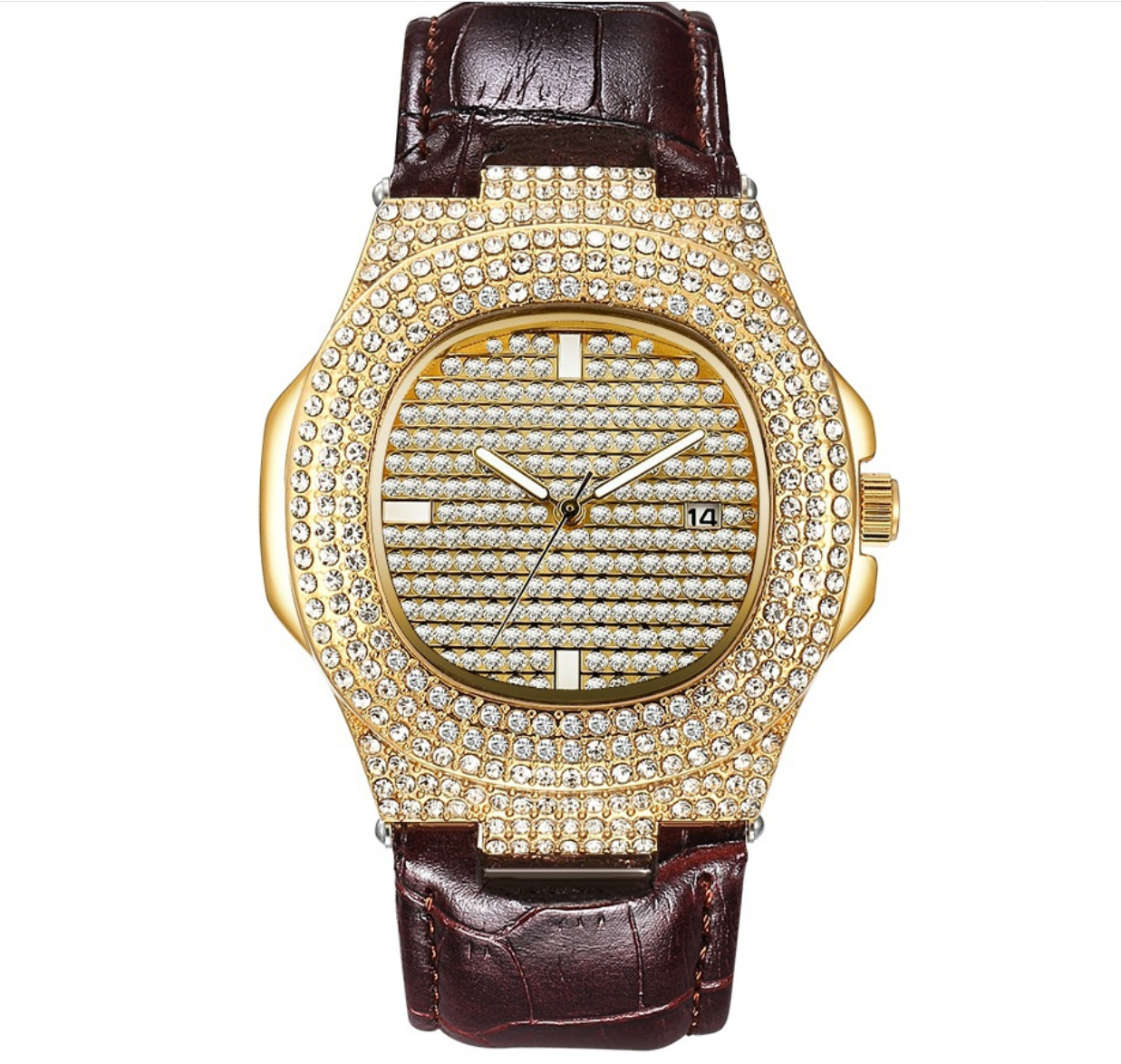 Women's Leather Strap Watch with Diamonds, Fashionable Design