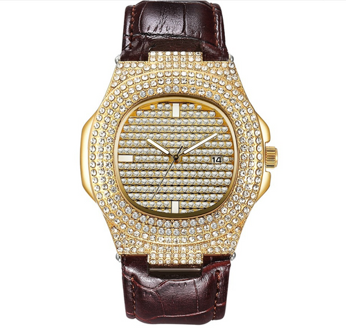 Women's Leather Strap Watch with Diamonds, Fashionable Design