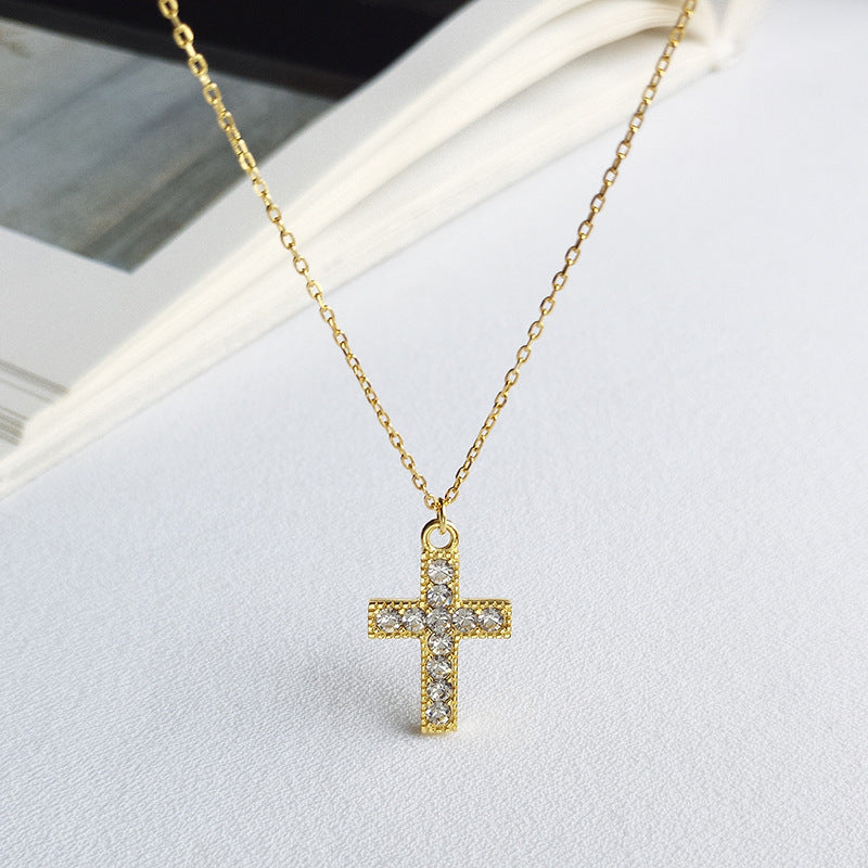 S925 Silver Cross Pendant Necklace with Diamonds