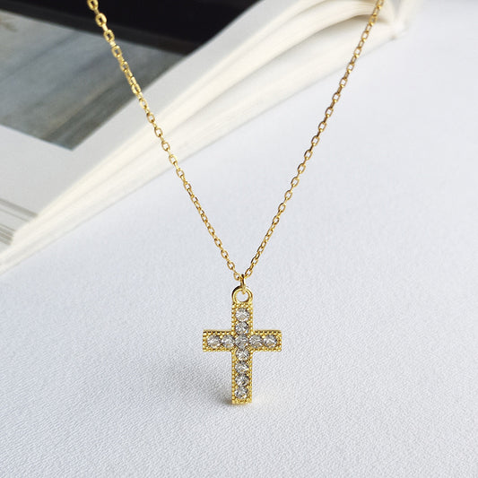 S925 Silver Cross Pendant Necklace with Diamonds