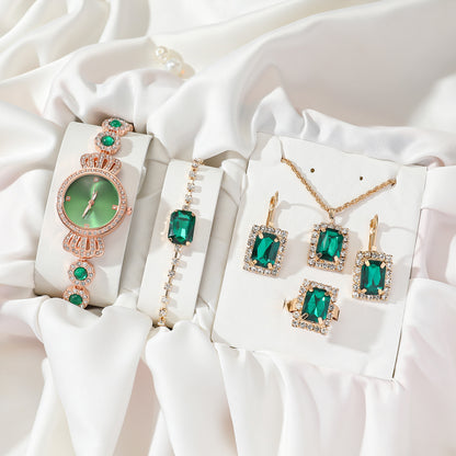 Women's Watch and Bracelet Set with Green Gemstone