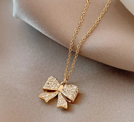18K Gold-Plated Gift Ribbon Necklace with Zircon Pendant