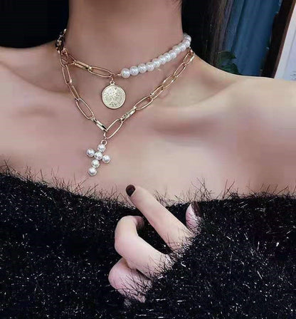 Vintage Coin Pearl Cross Layered Choker Necklace