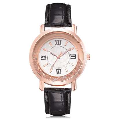 Women's Quartz Watch with Rhinestones and Leather Band