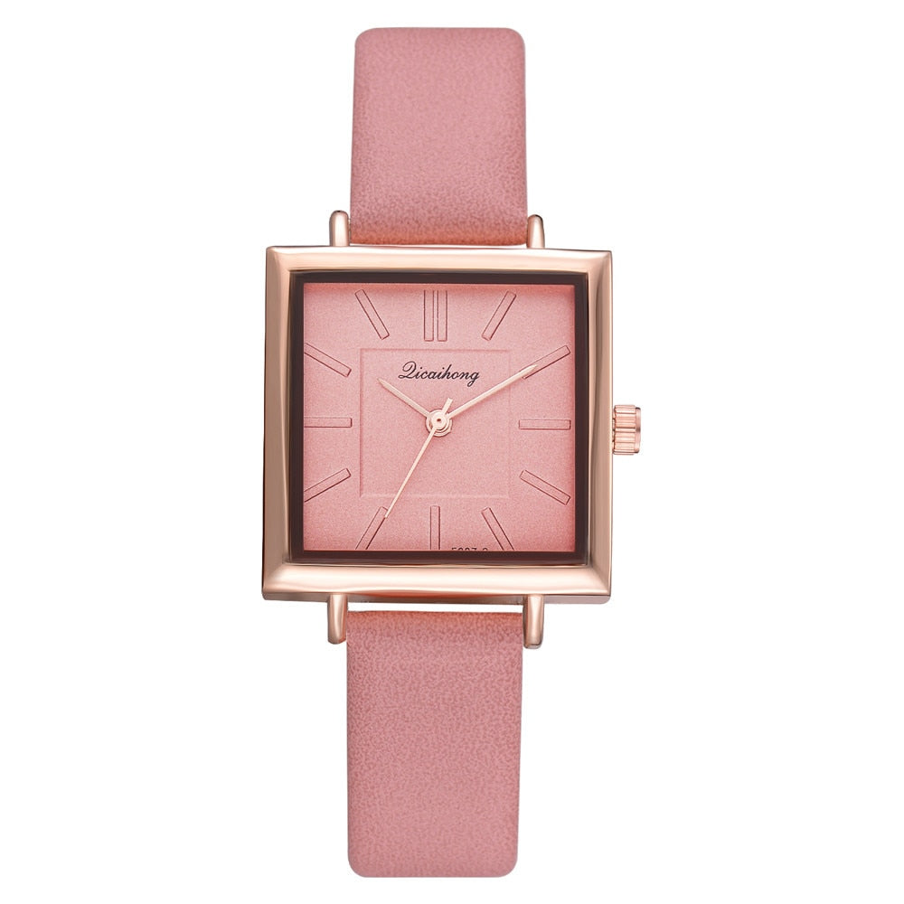 Fashionable Women's Square Watch with Leather Strap