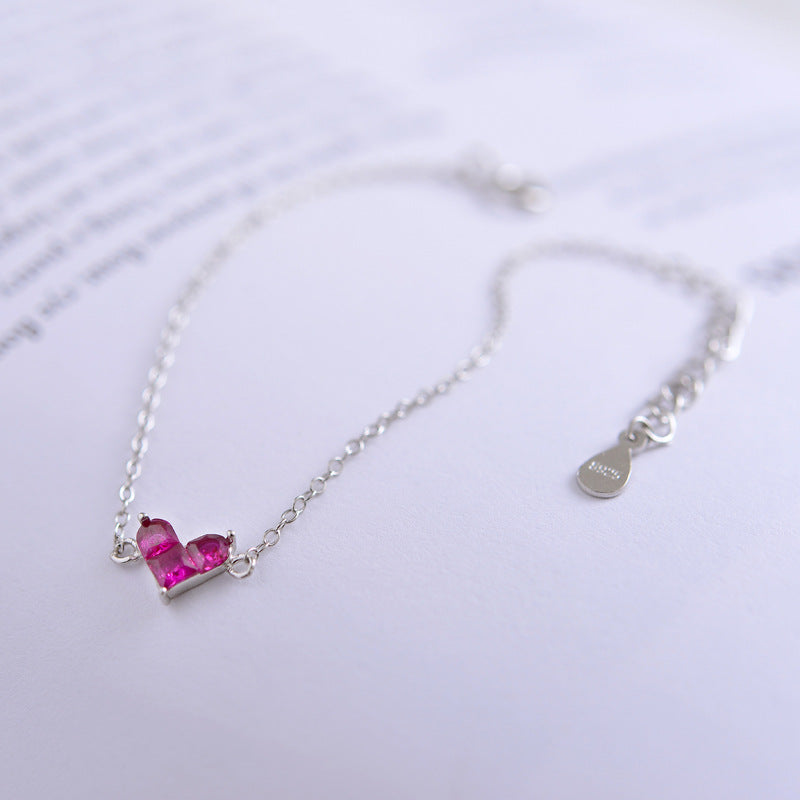 S925 Silver Heart Necklace with Red Ruby Pendant