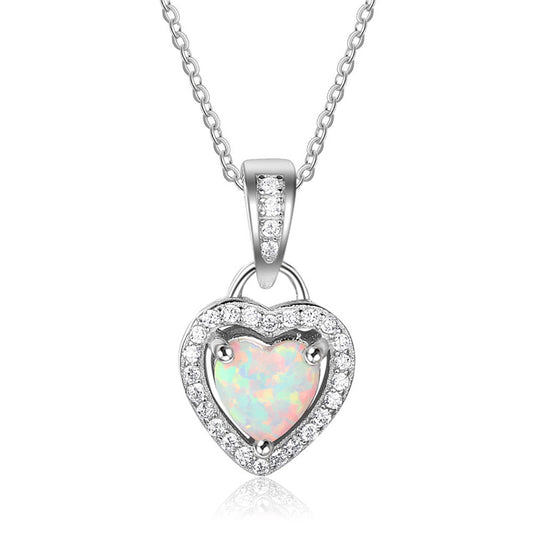 Opal Heart Necklace in Classic Design, Sterling Silver