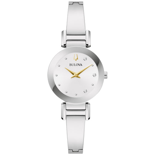 Bulova Marc Anthony Ladies Modern Diamond Silver Stainless Steel Bangle Bracelet WatchSilver White Dial Style: 96P241