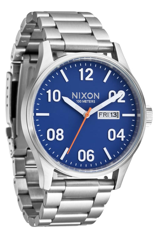NIXON Sentry SS A356 - Silver/Cobalt - 100m Water Resistant Mens Analog Classic Watch (42mm Watch Face 23mm-20mm Stainless Steel Band)