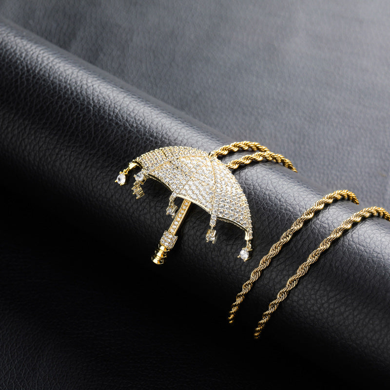 Hip Hop Umbrella Zircon Pendant Necklace
