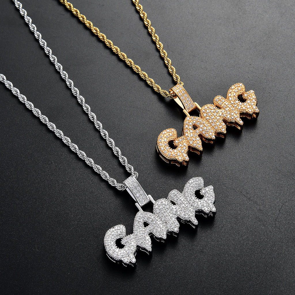 GANG Letter Hip Hop Pendant Necklace with Zirconia