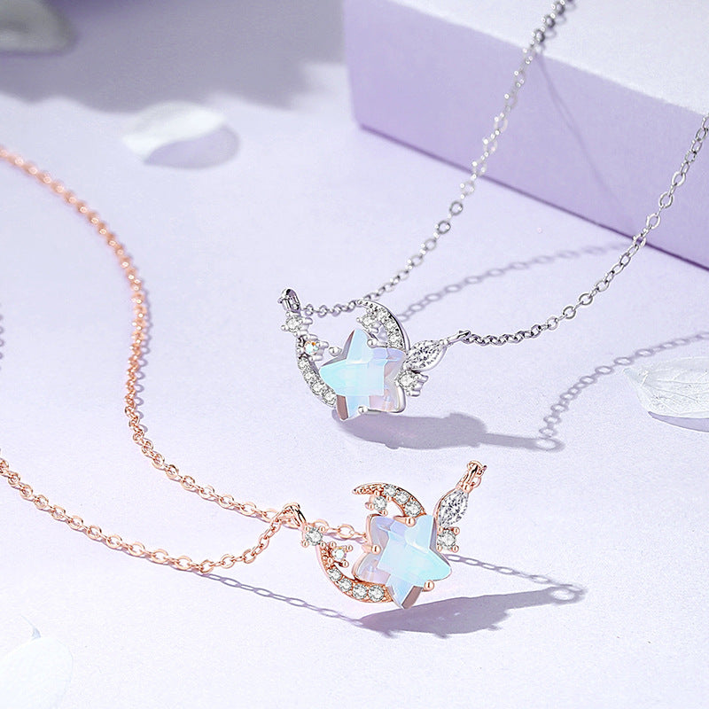 S925 Silver Moon and Flower Pendant Necklace