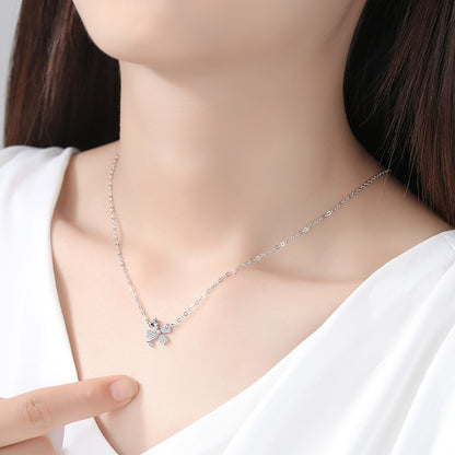 Diamond-Studded Four-Leaf Clover Silver Necklace