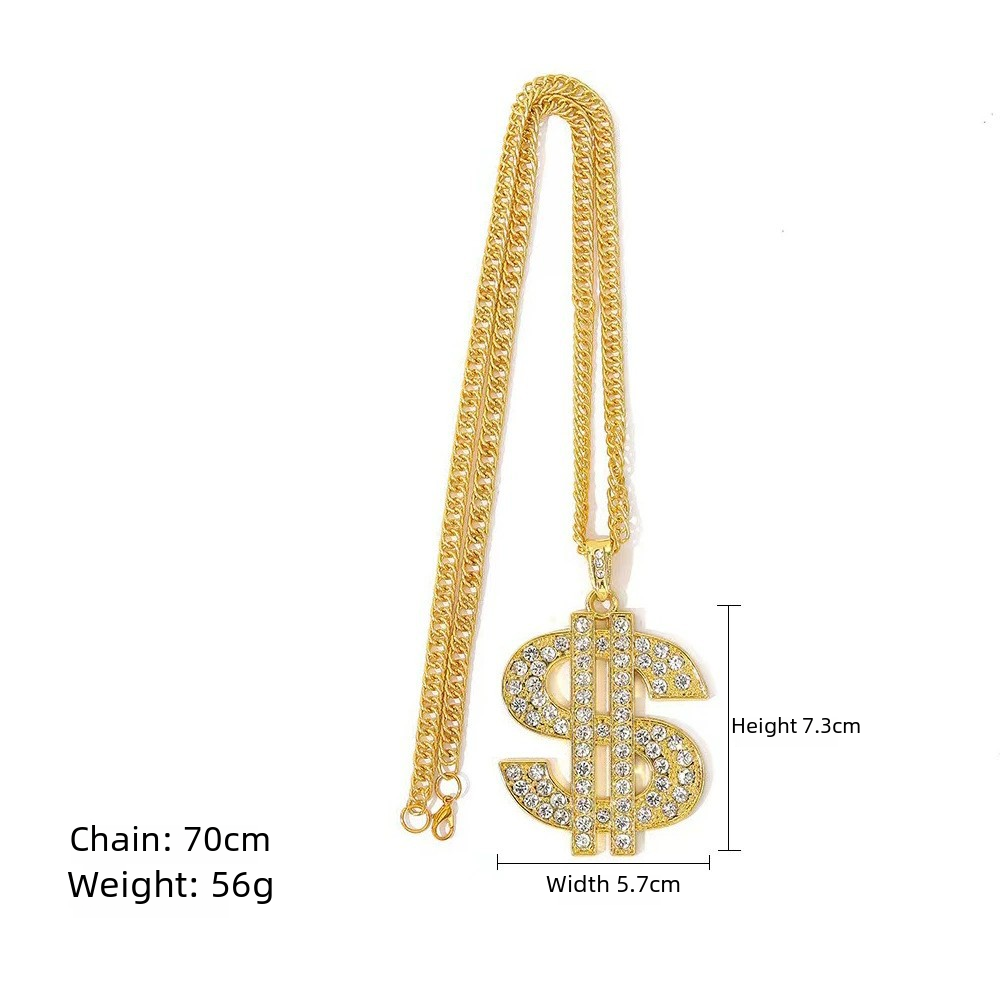 Retro Hip Hop Dollar Sign Necklace with Diamond Pendant