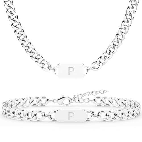 Aospkle 2PCS Initial Letter Cuban Necklace Bracelet A-Z Letter Pendant Stainless Steel Silver Cuban Link Chain for Men Women Jewelry Set Valentines Day Birthday Christmas Gift for Him Her P