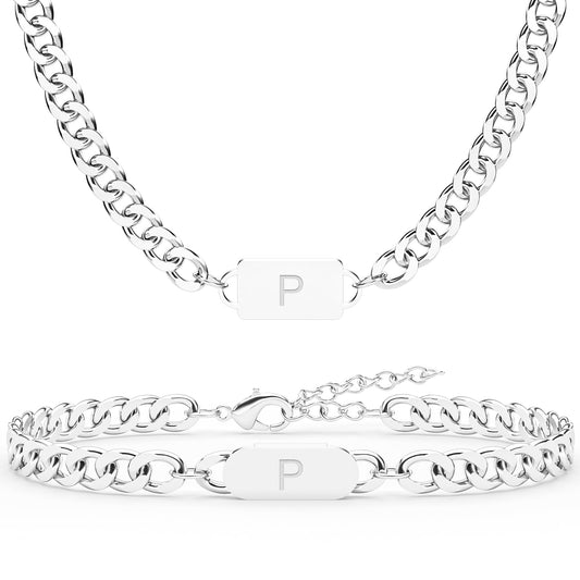 Aospkle 2PCS Initial Letter Cuban Necklace Bracelet A-Z Letter Pendant Stainless Steel Silver Cuban Link Chain for Men Women Jewelry Set Valentines Day Birthday Christmas Gift for Him Her P
