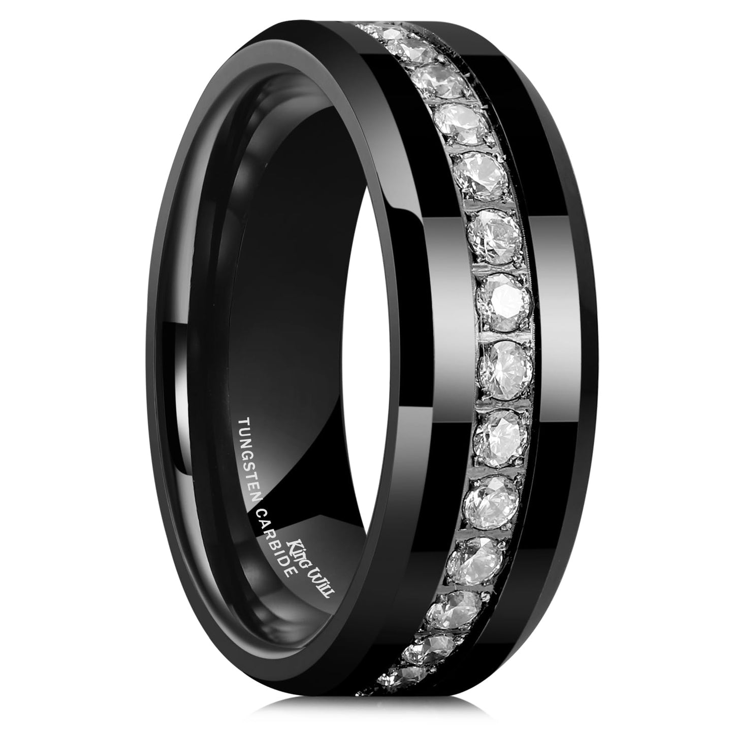 King Will Tungsten Carbide Wedding Band for Men - 8mm Black Plated High Polished Cubic Zircon Stones Comfort Fit Mens Ring for WeddingEngagement and Anniversary 10.5