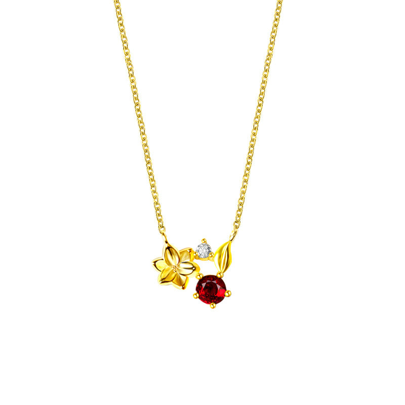 S925 Silver Garnet Flower Pendant Cherry Blossom Necklace